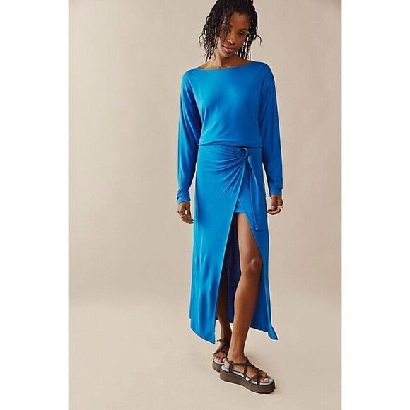 NEW FREE PEOPLE Sz S ALYSSA LONG SLEEVE WRAP DRESS IN BLUE - Picture 1 of 2